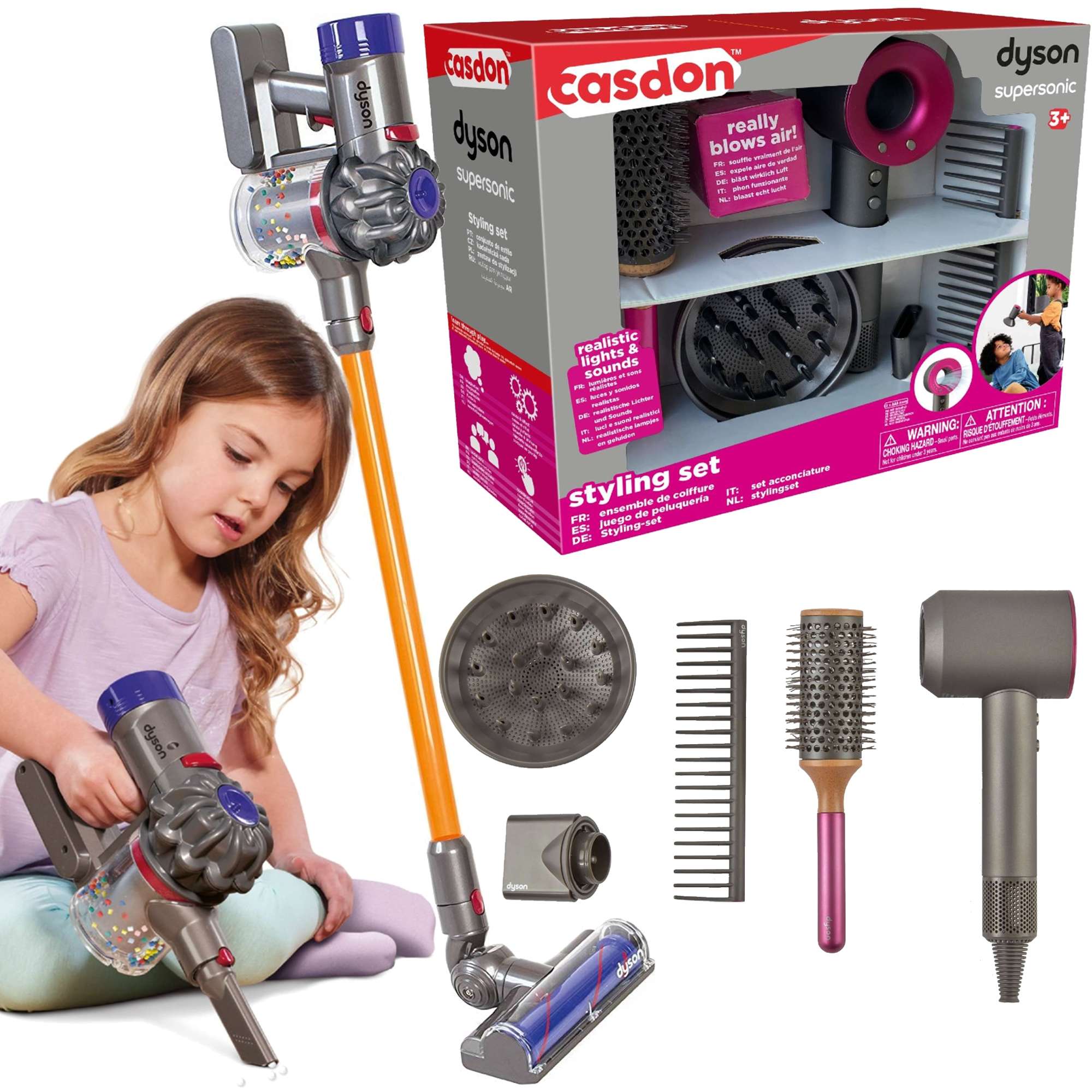 Casdon Dyson Haarstyling-Set mit Supersonic Haartrockner 5 Stück+Spielzeug  kabelloser Staubsauger