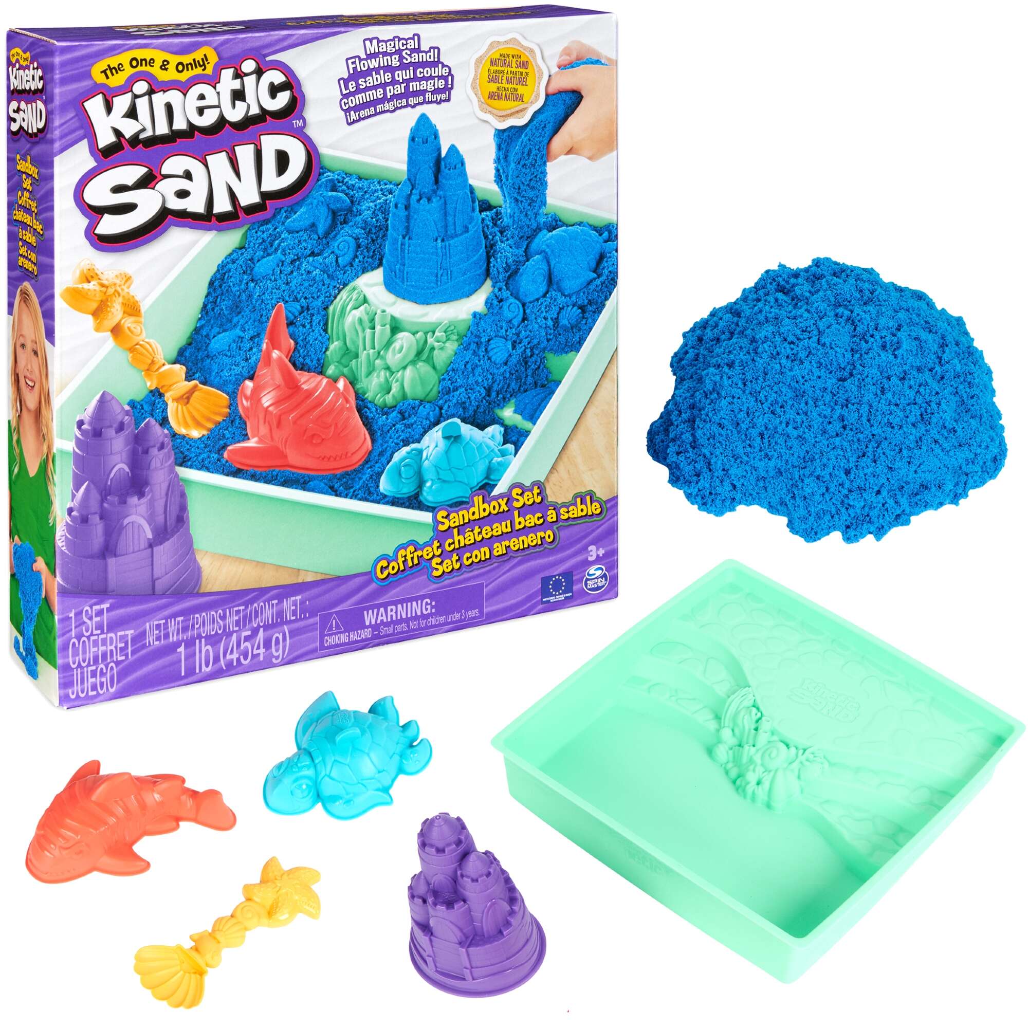 Kinetic Sand Kunststoff Kinetic Sand blau Sandburg Set + Formen Tablett und  Zubehör Spin Master