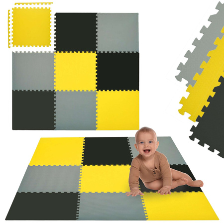 Humbi Schaumstoffbodenmatte 180x180 Großes wasserdichtes sicheres Schaumstoffpuzzle 9 Stück gelb, grau, schwarz