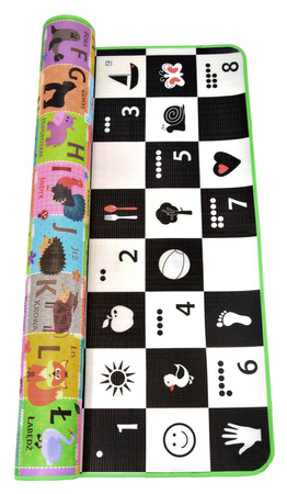 Humbi Schaumstoff doppelseitige Lernmatte Schachbrett 3in1 Polnisch Alphabet Zahlen Bilder Kontrastreich schwarz und weiß 180 x 200 x 1 cm