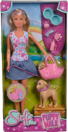 Puppe Steffi auf einem Spaziergang mit Hunden + Zubehör