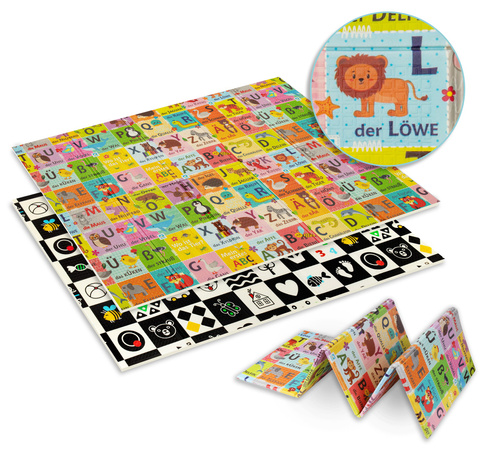 HUMBI Spielmatte Krabbelmatte Doppelseitige Schaum Matte, XXL, Faltbar Spielteppich Groß Rutschfest Beidseitig Geruchsneutral, XPE Schaumstoff, ABC, Tiere, Schwarz-Weiß Kontrastbilder 120x180 cm