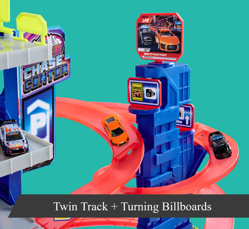 Großes multifunktionales Garagenset Super Chase Centre + 4 bunte Autos Polizeiwagen und blauer Zug Licht Sound