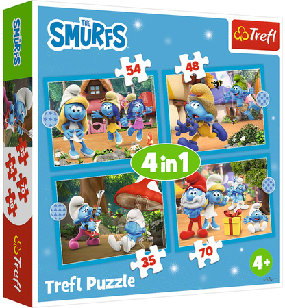 Trefl Puzzle 4in1 Smurf Village Die Schlümpfe buntes Puzzle für die Jüngsten ab 4