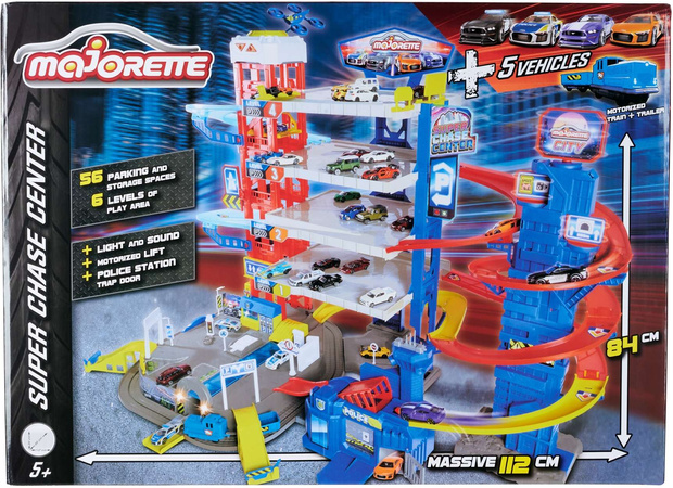 Großes multifunktionales Garagenset Super Chase Centre + 4 bunte Autos Polizeiwagen und blauer Zug Licht Sound