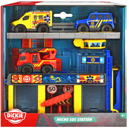 Dickie Mini Rescue Station Set 3 Rettungsfahrzeuge Krankenwagen Feuerwehr Polizeiauto + Zubehör