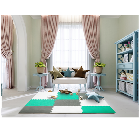 Humbi Schaumstoffbodenmatte 180x180 Großes wasserdichtes sicheres Schaumstoffpuzzle 9 Stück mint, grau, weiß