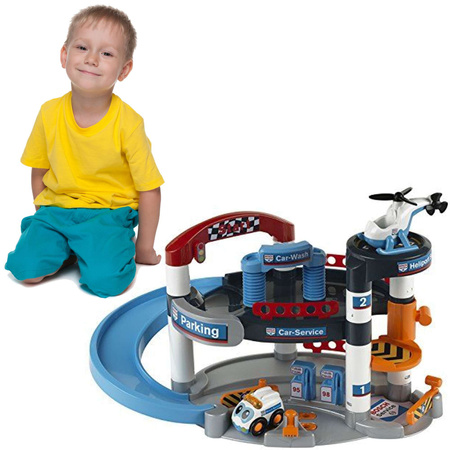 Bosch Service Auto Garage Spur 2 Ebenen + Auto und Hubschrauber für Kinder Klein
