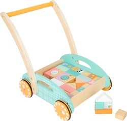 Small Foot 11766 Pastellfarbener Lauflernwagen aus Holz mit Blöcken