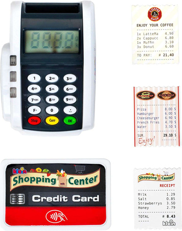Spielzeug-Zahlungsterminal mit Karten und Belegen