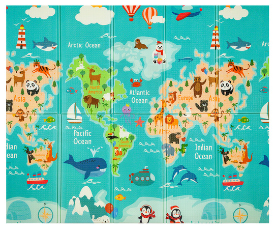 HUMBI Baby Spielmatte, Krabbelmatte, XPE-Schaumstoff, doppelseitig, flacher Streifen, wasserdicht, extragroß, Babyteppichmatte, rutschfest, 200x180x1 cm, Weltkarte Straßen