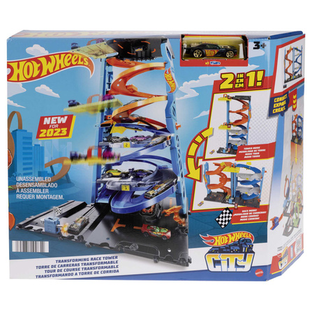Hot Wheels City transformierbares Rennsportturm-Set + Fahrzeug