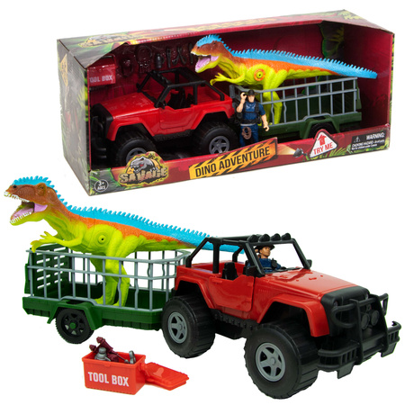 Dinosaurier Set, Fahrzeug mit Anhänger Savage Dino Adventure Jägerfigur Sound