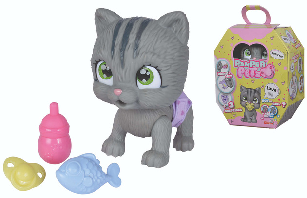 Pamper Petz Figur grau Interaktive Katze aus Windelbande 20 cm + 3 Zubehörteile 3+ Jahre Simba