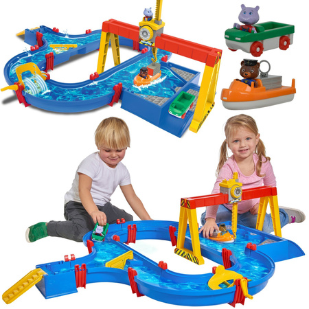 Aquaplay Großes Wasserstraßen-Containerhafen-Set + 2 Fahrzeuge und Figuren