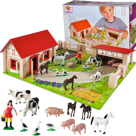 Großes Bauernhaus aus Holz + Tierfiguren 23 Stück
