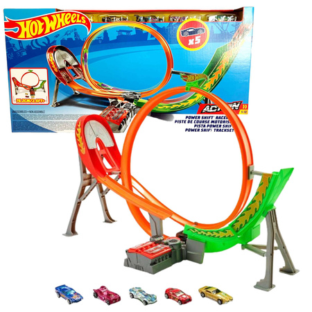 Mattel Hot Wheels Power Shift Bahn + 5 Cars