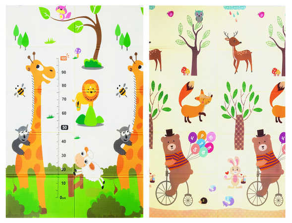 Humbi Doppelseitig faltbare Lernmatte aus XPE-Schaumstoff 120x180x0,8cm Giraffen, Masern, Teddybären, Füchse, Hirsche