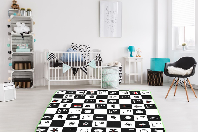 Humbi Schaumstoff doppelseitige Lernmatte Schachbrett 3in1 Polnisch Alphabet Zahlen Bilder Kontrastreich schwarz und weiß 180 x 200 x 1 cm