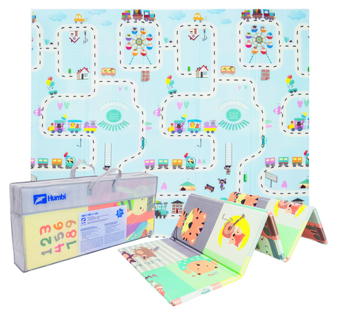 Humbi Doppelseitig faltbare Lernmatte aus XPE-Schaumstoff 180x150x1cm Tiere, Buchstaben, Zahlen Straßen