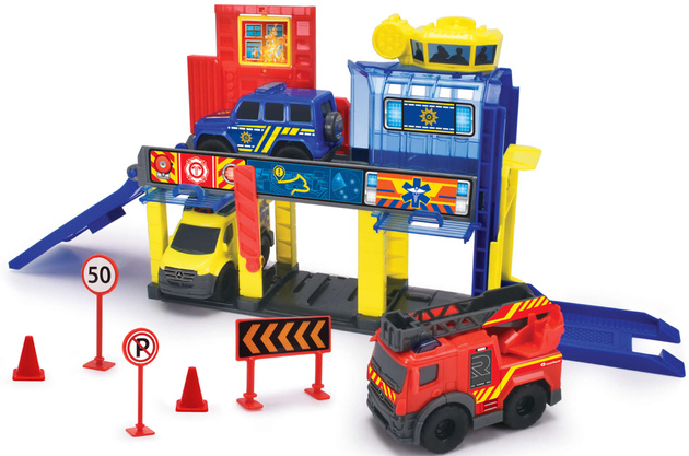 Dickie Mini Rescue Station Set 3 Rettungsfahrzeuge Krankenwagen Feuerwehr Polizeiauto + Zubehör