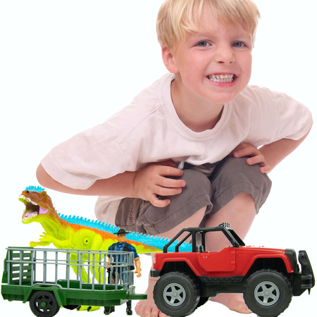 Dinosaurier Set, Fahrzeug mit Anhänger Savage Dino Adventure Jägerfigur Sound
