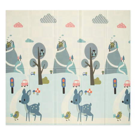 HUMBI Spielmatte Baby, Krabbelmatte, XPE Schaumstoff, Doppelseitig, Flatbar, Wasserdicht, Extra Größe, Teppich Babymatte, Rutschfest, 200x180x1 cm Pastellfarbene Straßenbäume, Hirsche, kontrastierende Bilder