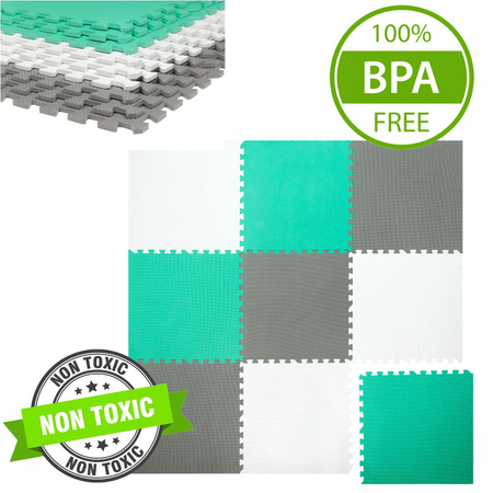 Humbi Schaumstoffbodenmatte 180x180 Großes wasserdichtes sicheres Schaumstoffpuzzle 9 Stück mint, grau, weiß