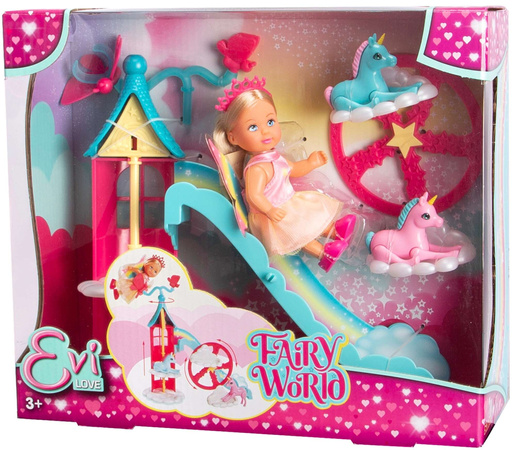Evi Love Fairy World kleines Set Feenpuppe bunte Ponys Turm mit Rutsche + Zubehör