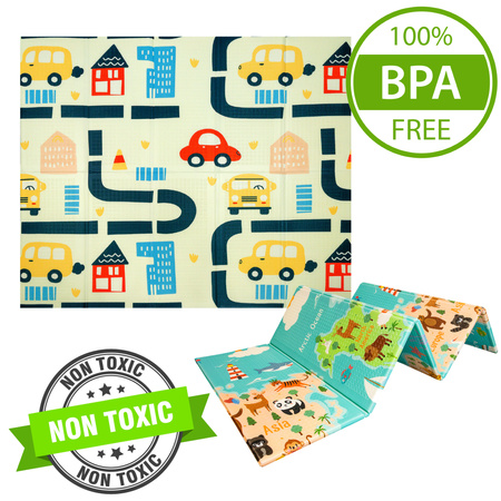 HUMBI Baby Spielmatte, Krabbelmatte, XPE-Schaumstoff, doppelseitig, flacher Streifen, wasserdicht, extragroß, Babyteppichmatte, rutschfest, 200x180x1 cm, Weltkarte Straßen