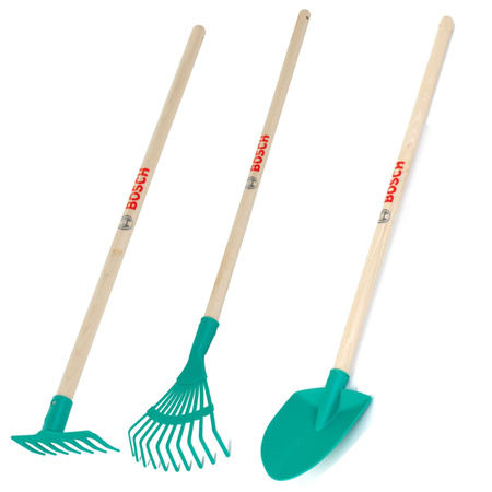 Bosch Gartenharke-Schaufel-Handschuh-Set für Kinder mit Holzgriff Klein