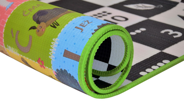 Humbi Schaumstoff doppelseitige Lernmatte Schachbrett 3in1 Polnisch Alphabet Zahlen Bilder Kontrastreich schwarz und weiß 180 x 200 x 1 cm