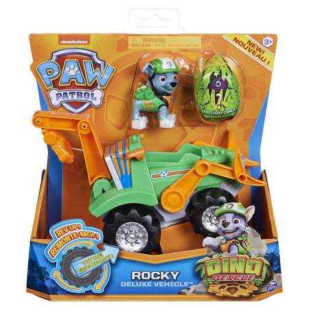 Paw Patrol 3-in-1-Figur Rocky Dino Rescue + großes Fahrzeug Cars + Überraschungsdinosaurier