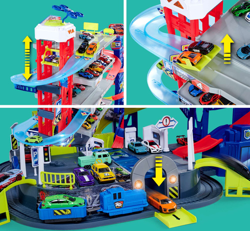 Großes multifunktionales Garagenset Super Chase Centre + 4 bunte Autos Polizeiwagen und blauer Zug Licht Sound