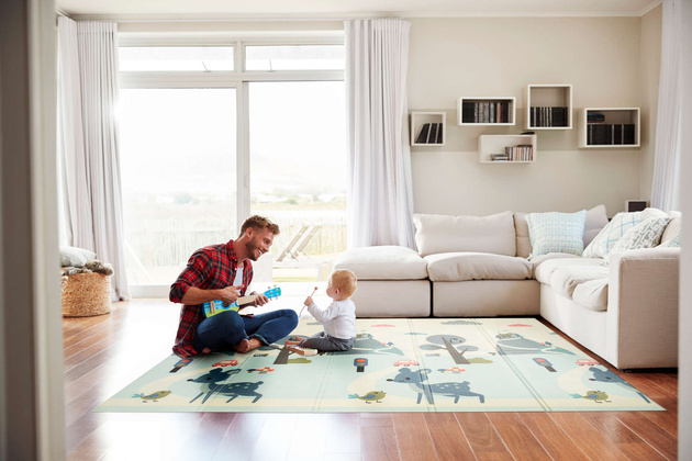 HUMBI Spielmatte Baby, Krabbelmatte, XPE Schaumstoff, Doppelseitig, Flatbar, Wasserdicht, Extra Größe, Teppich Babymatte, Rutschfest, 200x180x1 cm Pastellfarbene Straßenbäume, Hirsche, kontrastierende Bilder