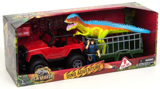 Dinosaurier Set, Fahrzeug mit Anhänger Savage Dino Adventure Jägerfigur Sound