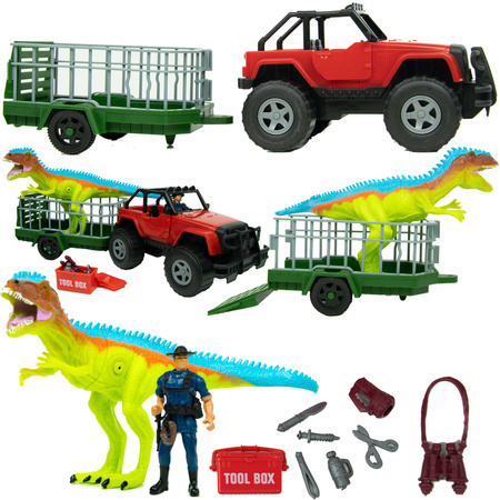 Dinosaurier Set, Fahrzeug mit Anhänger Savage Dino Adventure Jägerfigur Sound