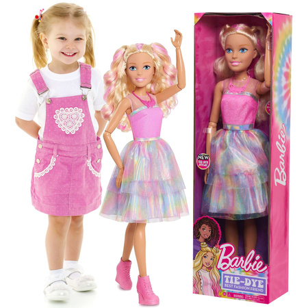 Große Puppe Barbie blond 70 cm in modischen bunten Tie-Dye-Kreation bewegliche Arme und Kopf