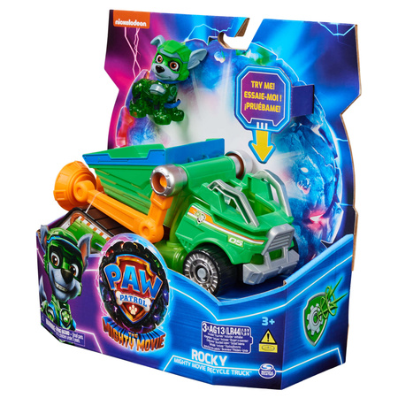 Paw Patrol The Mighty Kinofilm Großes Set Figur Rocky grünes Cars Recyclingfahrzeug Licht Sound