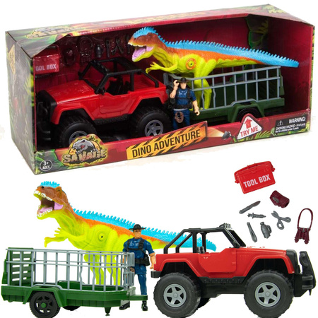 Dinosaurier Set, Fahrzeug mit Anhänger Savage Dino Adventure Jägerfigur Sound