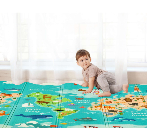 HUMBI Baby Spielmatte, Krabbelmatte, XPE-Schaumstoff, doppelseitig, flacher Streifen, wasserdicht, extragroß, Babyteppichmatte, rutschfest, 200x180x1 cm, Weltkarte Straßen