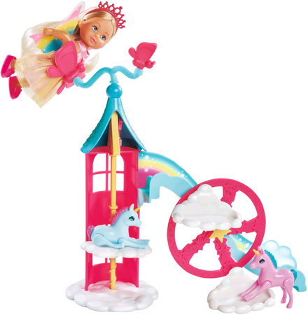 Evi Love Fairy World kleines Set Feenpuppe bunte Ponys Turm mit Rutsche + Zubehör