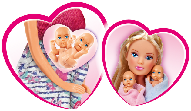 Puppe Steffi Zwillingsschwangerschaft, 2 Bobbys, Kommode + Zubehör