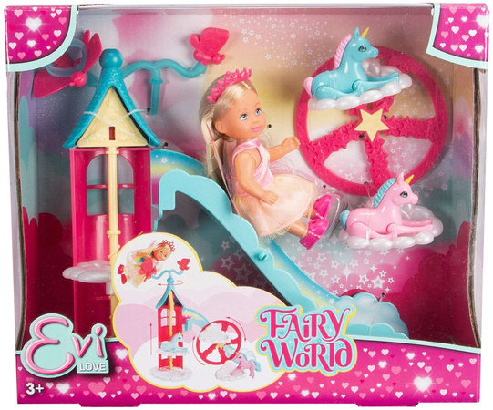 Evi Love Fairy World kleines Set Feenpuppe bunte Ponys Turm mit Rutsche + Zubehör