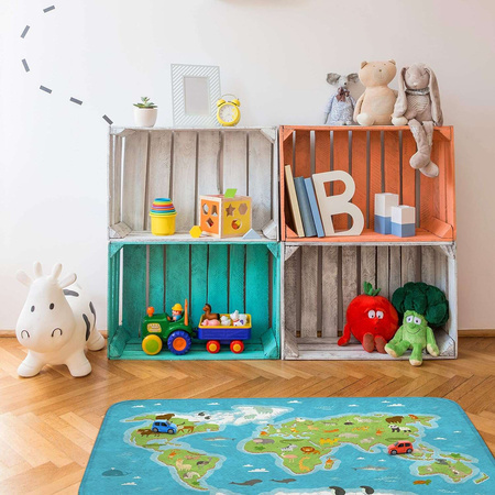 Achoka Softteppich für Kinderzimmer Weltkarte Tiere 100x150 cm