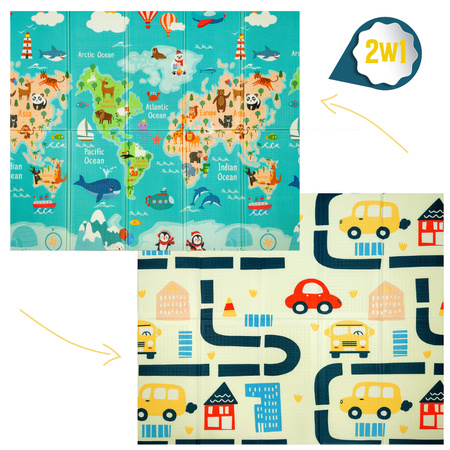 Humbi Doppelseitig faltbar pädagogische XPE Schaumstoffmatte 200x180x1 Weltkarte Straßen